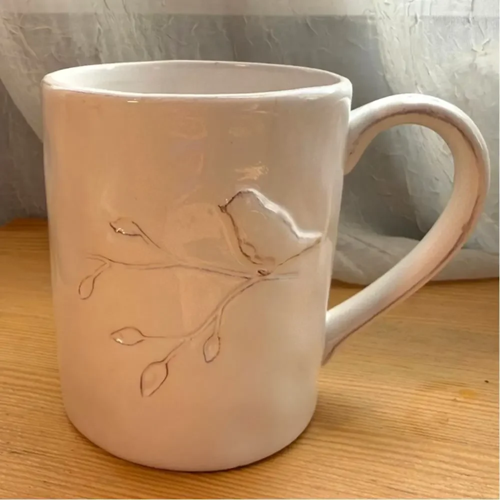 Embossed Bird Mug White Ceramic Farmhouse Cottagecore Coffee Cup